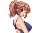  1girl aomi_riru blue_one-piece_swimsuit blush breasts brown_eyes brown_hair covered_nipples from_side game_asset hair_between_eyes hair_ornament hair_scrunchie large_breasts large_variant_set non-web_source official_art one-piece_swimsuit open_mouth ponytail school_swimsuit scrunchie self-datamine sidelocks simple_background solo standing swimsuit tachi-e tan toriumi_hinata transparent_background upper_body v-shaped_eyebrows variant_set yumemi_ga_cheek! 