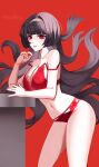  1girl absurdres astra_yao black_hair bra breasts by_nearreya commentary highres lace-trimmed_bra lace_trim large_breasts leaning lingerie long_hair looking_at_viewer navel nude panties pink_nails red_background red_bra red_eyes red_panties simple_background smile solo table thighs underwear underwear_only zenless_zone_zero 