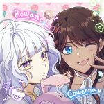  2girls ahoge blue_eyes brown_hair commentary_request cowenna dark-skinned_female dark_skin gb_47 grey_hair korean_commentary long_hair mabinogi multicolored_eyes multiple_girls rowan_(mabinogi) smile two-tone_eyes 