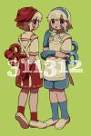  2girls apron arms_behind_back blonde_hair blue_gloves blue_hairband blue_shorts blue_socks closed_mouth commentary earrings from_behind full_body gloves green_background hairband hand_up headscarf highres interlocked_fingers jewelry kanafumi_(spindle) looking_at_viewer looking_back minun multiple_girls open_mouth personification plusle pokedex_number pokemon red_gloves red_headscarf red_skirt red_socks sailor_collar shirt shoes short_hair short_sleeves shorts sideways_glance simple_background skirt smile socks standing white_apron white_sailor_collar white_shirt white_shoes winding_key 