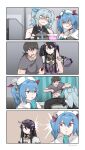  1boy 3girls bandages black_hair blood blood_on_clothes blue_eyes blue_hair blush colphne_(girls'_frontline_2) commander_(girls'_frontline) commentary florence_(girls'_frontline_2) girls'_frontline girls'_frontline_2:_exilium grin hair_between_eyes highres implied_after_fellatio long_hair multiple_girls natawaru open_mouth pa-15_(girls'_frontline) phaetusa_(girls'_frontline_2) red_eyes smile sweat twintails 