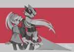  1boy 1girl android armor back-to-back black_armor black_bodysuit bodysuit ciel_(mega_man) commentary cropped_legs english_commentary gloves grey_eyes greyscale_with_colored_background hair_between_eyes highres holding holding_sword holding_weapon letterboxed light_smile long_hair looking_at_another mega_man_(series) mega_man_zero_(series) milaisadoodles partially_shaded_face red_background red_eyes robot serious sword upper_body very_long_hair weapon white_gloves z_saber zero_(mega_man) 