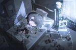  1girl analog_clock bed black_eyes black_hair book chair chibi chibi_only clock commentary crying crying_with_eyes_open curtains drawing_(object) fatal_frame fatal_frame:_mask_of_the_lunar_eclipse floor_lamp from_above full_body hair_between_eyes hand_on_own_chest hand_up highres holding holding_paper indoors jewelry knee_up lamp light_particles looking_ahead lying miniskirt moonlight necklace night no_shoes on_back on_bed open_book paper parted_lips pencil pendant pillow raised_eyebrows red_skirt shade shirt short_hair skirt socks solo tears three-quarter_sleeves tsukimori_madoka watermark white_shirt white_socks yuukinouwu 