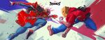  2boys absurdres armor bag_on_head barefoot black_vest blue_pants bracelet commentary copyright_logo copyright_name dual_persona english_commentary guitar highres holding holding_guitar holding_instrument hood hoodie instrument jewelry logo male_focus marvel marvel_rivals multiple_boys official_alternate_costume official_art pants patrick_ganas pauldrons peter_parker red_hoodie shoulder_armor silk spider-man spider-man_(series) spider-punk spiked_helmet spiked_pauldrons spikes studded_bracelet superhero_costume the_amazing_bag_man vest 