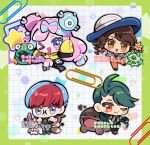  4girls aqua_hair artist_name bag bellibolt blue_hair blush brown_bag brown_eyes brown_hair cat character_hair_ornament chibi chibi_only clodsire donutous eevee_backpack grey_pantyhose hair_ornament highres iono_(pokemon) jacket juliana_(pokemon) multicolored_eyes multicolored_hair multiple_girls naranja_academy_school_uniform necktie one_eye_closed orange_eyes orange_necktie oversized_clothes pantyhose paperclip penny_(pokemon) poke_ball poke_ball_print pokemon pokemon_scarlet_and_violet print_pantyhose red_hair rika_(pokemon) round_eyewear school_uniform sleeves_past_fingers sleeves_past_wrists split-color_hair sprigatito star_(symbol) suspenders sylveon terastallization two-tone_hair yellow_jacket 