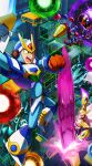  2boys absurdres android arm_blade arm_cannon armor battle blade_armor_x_(mega_man) blue_eyes cape chest_jewel commentary cyberspace dynamic_pose electricity energy_ball energy_blade forehead_jewel from_behind full_body gate_(mega_man) gold_armor gold_helmet green_eyes half-closed_eyes helmet highres in-universe_location looking_back male_focus mega_man_(series) mega_man_x6 mega_man_x_(series) multiple_boys multiple_views nightmare_virus_(mega_man) purple_energy serious sulus weapon white_armor white_background white_cape x_(mega_man) 
