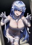  1girl absurdres arcana_(nikke) bandage_on_hair bandaged_chest bandaged_head bandaged_torso bandages bare_shoulders blue_eyes blue_hair blush breasts claw_pose cleavage fang goddess_of_victory:_nikke halloween_costume highres large_breasts long_hair looking_at_viewer mummy mummy_costume naked_bandage navel open_mouth skin_fang small_chair_(xiaosaiyi33818) smile solo stomach very_long_hair 