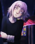  1other absurdres allison_h_(llemonjuiice) androgynous church crona_(soul_eater) english_commentary frown goth_fashion hand_on_own_arm head_tilt highres indoors lips other_focus pink_hair short_hair sleeve_cuffs solo_focus soul_eater soul_evans stained_glass white_eyes wispy_bangs 