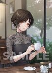  1girl black_dress blue_flower breasts brown_hair chair commentary_request cup day dress earrings flower holding holding_cup indoors jewelry long_sleeves medium_breasts ne-on nijisanji official_art on_chair orange_eyes rain sample_watermark saucer shirayuki_tomoe short_hair sitting solo spoon sugar_cube table tree virtual_youtuber watermark window 