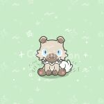  :3 animal_focus blue_eyes brown_fur chibi commission dog fangs full_body green_background joo_gumoon looking_at_viewer lowres neck_fur no_humans pawpads pokemon pokemon_(creature) pokemon_focus rockruff simple_background sitting solo 