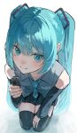  1girl aqua_eyes aqua_hair aqua_necktie artist_name black_skirt black_sleeves black_thighhighs blush closed_mouth collared_shirt commentary_request detached_sleeves double-parted_bangs foreshortening from_above full_body grey_shirt hair_between_eyes hair_intakes hair_ornament hand_on_own_knee hand_up hatsune_miku highres holding long_hair looking_at_viewer looking_to_the_side miniskirt necktie number_tattoo oeoi_t pleated_skirt seiza shade shirt sidelocks simple_background sitting skirt sleeveless sleeveless_shirt solo tattoo thighhighs twintails twitter_username very_long_hair vocaloid voice_recorder white_background zettai_ryouiki 