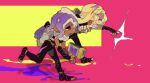  1boy 1girl agent_3_(splatoon_3) arms_up backpack bag black_gloves black_pants black_socks bottle commentary_request creature dark-skinned_male dark_skin fingerless_gloves from_side full_body glint gloves grin gun half-closed_eyes happy hero_shot_(splatoon_3) highres holding holding_creature holding_gun holding_weapon inkling inkling_girl inkling_player_character leaning_forward leg_up looking_at_another looking_to_the_side midriff navel octoling octoling_boy octoling_player_character open_mouth outstretched_arm paint_splatter paint_splatter_on_face pants paozi_haox pink_eyes pointing profile romaji_commentary running sideways_glance sideways_mouth smallfry smile socks soda_bottle splatoon_(series) splatoon_3 standing standing_on_one_leg toeless_legwear two-handed two-tone_background v-shaped_eyebrows weapon wide-eyed 