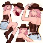  1girl artist_logo bandana bare_arms bare_shoulders boots breasts brown_boots brown_corset chococurrent commentary corset cowboy_boots cowboy_hat cowgirl_(western) green_eyes haruno_sakura hat highres logo looking_at_viewer medium_hair midriff_peek miniskirt multiple_views naruto_(series) parted_lips pink_eyes pink_hair red_bandana simple_background skirt slim_legs small_breasts untranslatable_commentary 