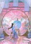  1girl architecture canvas_(object) chinese_clothes day easel east_asian_architecture falling_petals flower full_body hanfu holding holding_paint_palette long_hair maxine_vee original outdoors paint_palette paintbrush painting_(action) painting_(object) pastel_colors patreon_username petals pink_petals pink_theme scenery scroll sitting spring_(season) tree 