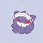  blue_background bow chibi commission full_body gengar ghost grin joo_gumoon looking_at_viewer lowres maid_headdress no_humans pink_bow pokemon pokemon_(creature) pokemon_focus red_eyes simple_background sitting smile solo 