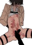  1boy arms_behind_back averting_eyes bad_id bad_pixiv_id bar_censor bdsm black_hair blue_eyes bottomless brown_jacket bruise bruise_on_face bruise_on_stomach cbt cbt_press censored clothes_lift cum dress_shirt ejaculation eren_yeager facing_viewer injury jacket looking_to_the_side male_focus military_uniform navel penis pincorosium pov pov_legs reverse_ryona shingeki_no_kyojin shirt shirt_lift shirt_rolled_up simple_background spread_legs stepped_on sweat white_background white_shirt wide_spread_legs 