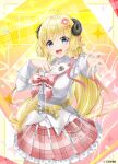  1girl :d ahoge animal_ears belt blonde_hair borumete bow chest_bow commentary_request copyright_notice cropped_jacket detached_collar frilled_bow frilled_skirt frills hair_ornament hairclip hololive horns jacket lapel_pin lapels long_hair looking_at_viewer miniskirt notched_lapels official_alternate_costume official_art open_mouth outstretched_arm pink_bow pink_skirt plaid_bow plaid_clothes plaid_skirt pleated_skirt purple_eyes sheep_ears sheep_girl sheep_horns shirt skirt sleeve_cuffs smile solo tsunomaki_watame very_long_hair vest virtual_youtuber white_jacket white_shirt white_vest yellow_belt 