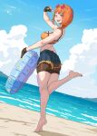 1girl :d ;d absurdres arm_up ass bare_arms bare_back bare_legs bare_shoulders barefoot beach bike_shorts bike_shorts_under_shorts bikini bikini_top_only black_gloves black_shorts blue_shorts blue_sky blush breasts cloud denim denim_shorts emmettart eyewear_on_head feet fingerless_gloves fire_emblem fire_emblem:_three_houses fire_emblem_heroes from_behind gloves highres holding holding_swim_ring leonie_pinelli leonie_pinelli_(summer) looking_at_viewer looking_back medium_breasts micro_shorts nail_polish ocean official_alternate_costume one_eye_closed open_mouth orange_bikini orange_eyes orange_hair orange_nails outdoors short_hair short_shorts shorts skindentation sky smile standing standing_on_one_leg sunglasses swim_ring swimsuit teeth tinted_eyewear tiptoes upper_teeth_only v water 