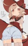  1girl arrow_(symbol) backlighting basket black_capelet blonde_hair bloomers blush bow capelet cat center-flap_bangs closed_mouth commentary cowboy_shot dodoco_(genshin_impact) doodle_inset from_behind from_below genshin_impact grey_background hat hat_bow high-waist_skirt highres holding holding_basket inaririn klee_(blossoming_starlight)_(genshin_impact) klee_(genshin_impact) light_frown midriff_peek puffy_short_sleeves puffy_sleeves pyro_symbol_(genshin_impact) red_bow red_eyes red_ribbon red_skirt ribbon shirt short_sleeves skirt solo standing tareme translation_request upskirt vision_(genshin_impact) white_bloomers white_shirt wind wind_lift witch_hat 