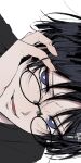  1boy 5656hayururi absurdres alternate_costume bespectacled bishounen black_hair black_shirt bright_pupils casual contemporary eyeliner fingernails genshin_impact glasses hand_on_own_face highres looking_at_viewer lower_teeth_only makeup male_focus open_mouth purple_eyes red_eyeliner round_eyewear scaramouche_(genshin_impact) shirt sideways solo teeth tongue tsurime white_background white_pupils 