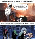  2girls 4boys aqua_hair arm_blade black_hair blonde_hair blue_hair chainsaw chainsaw_devil chainsaw_man crawling crossover decapitation demon denji_(chainsaw_man) disfigured hands_in_pockets highres hood hoodie howlitte jujutsu_kaisen jujutsu_kaisen_modulo long_hair mahito_(jujutsu_kaisen) miwa_kasumi multiple_boys multiple_girls mutation scar scar_on_face shaded_face spanish_text spongebob_squarepants_(series) stitched_face stitches translation_request weapon white_hoodie yoru_(chainsaw_man) 