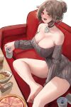  1girl absurdres bare_shoulders barefoot breasts brown_eyes brown_hair can choker cleavage commentary couch crpx015 drink_can feet food grey_sweater hair_bun heart heart-shaped_lock heart_choker highres indie_virtual_youtuber large_breasts on_couch open_mouth pizza sitting sky_above_me_(vtuber) soles solo sweater thighs toes virtual_youtuber 