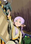  1girl aiming aiming_at_another alien armor belt black_belt black_shirt capelet closed_mouth commentary crossover dated dutch_angle earrings east-west_crossover elf energy_weapon english_commentary extra_eyes firing floating_earrings frieren from_below gem gold_trim green_armor gun handgun high_collar highres holding holding_gun holding_weapon hunter_(marathon) indoors jewelry kanokoga light_frown long_hair long_pointy_ears long_sleeves looking_to_the_side marathon_(1994) marathon_(series) muzzle_flash outstretched_arm parted_bangs perspective pink_hair pointy_ears red_gem serious shirt shoulder_cannon signature sketch skirt skirt_set sousou_no_frieren story_in_commentary striped_clothes striped_shirt teardrop_earrings turning_head twintails upper_body weapon white_capelet white_shirt white_skirt 