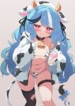  1girl absurdres animal_ear_hairband animal_ears animal_print baby_bottle bell belt bikini black_collar black_hair black_ribbon black_thighhighs blue_bow blue_hair blush bottle bow breasts closed_mouth collar commentary_request commission cow_ears cow_horns cow_print cow_print_bikini cow_print_gloves cow_print_jacket cow_tail cowbell fake_animal_ears fake_horns feet_out_of_frame gloves grey_background hair_ribbon hairband highleg highleg_bikini highres holding holding_bottle hood hood_down hooded_jacket horns indie_virtual_youtuber jacket leaning_forward long_hair long_sleeves looking_at_viewer micro_bikini multicolored_hair navel neck_bell open_clothes open_jacket pink_eyes print_bikini print_gloves print_jacket psd_available ribbon simple_background single_thighhigh skeb_commission skindentation small_breasts smile solo standing streaked_hair string_bikini sweat swimsuit tail tail_bow tail_ornament thigh_belt thigh_strap thighhighs torn_clothes torn_thighhighs virtual_youtuber wavy_hair white_gloves white_hair zenya_hima zusshii_(libertasgenesis) 
