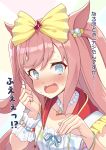  1girl @_@ agnes_digital_(full-color_fangirling)_(umamusume) agnes_digital_(umamusume) animal_ears bead_necklace beads blue_eyes blush bow bracelet commentary_request hair_bow highres horse_ears horse_girl jewelry looking_at_viewer necklace nose_blush nueco open_mouth pink_hair solo translated two_side_up umamusume yellow_bow 