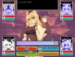  5girls animal_ear_fluff animal_ears ansr_(stigro) arknights blemishine_(arknights) blemishine_(moon_catastrborn)_(arknights) blonde_hair blue_eyes cape click_(arknights) click_(grave_thief)_(arknights) commentary_request eyepatch fake_screenshot fang fox_ears fox_girl gameplay_mechanics garrison_cap hat highres horse_ears horse_girl mouse_ears mouse_girl multiple_girls official_alternate_costume ojou-sama_pose omocat_(style) omori open_mouth parody shaded_face shamare_(arknights) shamare_(echo_of_the_horrorlair)_(arknights) snowsant_(arknights) snowsant_(fated_hero)_(arknights) style_parody translated whislash_(arknights) white_cape 