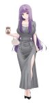 1girl absurdres bag breasts cellphone clothing_cutout commentary cup disposable_coffee_cup disposable_cup dress fern_(sousou_no_frieren) grey_dress hair_ornament handbag high_heels highres hip_vent hobble_dress holding large_breasts long_dress long_hair phone purple_eyes purple_hair ribbon shibasoda side_slit smartphone sousou_no_frieren untranslatable_commentary very_long_hair white_background 