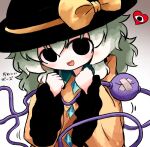  1girl black_eyes black_hat blush bow brown_background buttons clenched_hands collared_shirt crossed_bandaids diamond_button disembodied_linked_eye empty_eyes eyeball frilled_shirt_collar frilled_sleeves frills gradient_background green_hair hat hat_bow heripantomorrow komeiji_koishi long_hair long_sleeves looking_at_viewer open_mouth shirt smile solo touhou translated wide_sleeves yellow_bow yellow_shirt 