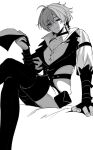  1boy absurdres ahoge belt belt_collar buttons choker collar collarbone collared_shirt commentary_request earrings fingerless_gloves genshin_impact gloves greyscale hair_between_eyes hair_intakes half-closed_eyes highres holding holding_paper jewelry lapels lohen_(genshin_impact) lohen_(standardized_test)_(genshin_impact) looking_at_viewer male_focus mole mole_under_eye monochrome official_alternate_costume open_collar pants paper pinstripe_pattern pinstripe_vest pocket shirt short_hair single_earring sitting smile solo vest waistcoat white_background yktabe 