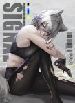  1girl absurdres animal_ears arktic aviator_sunglasses barcode bare_arms bare_shoulders black_gloves black_nails black_pants black_sports_bra breasts character_name combat_knife commentary fingernails foot_out_of_frame from_side gloves grey-tinted_eyewear highres holding holding_knife knife licking_own_arm looking_at_viewer looking_over_eyewear midriff original pants round_eyewear short_hair signal_(arktic) sitting solo sports_bra sunglasses tail tinted_eyewear tongue tongue_out torn_clothes torn_pants weapon white_hair wolf_ears wolf_girl wolf_tail yellow_eyes 