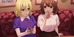  2girls artist_request black_skirt blonde_hair bow bow_hairband breasts brown_eyes brown_hair collared_dress contrast_collar couch cup dateless_bar_"old_adam" dress dress_bow drink drinking drinking_glass game_asset hair_between_eyes hairband hand_rest highres holding holding_cup maribel_hearn medium_breasts medium_hair missing_headwear multicolored_eyes multiple_girls official_alternate_costume official_art on_couch open_mouth puffy_short_sleeves puffy_sleeves purple_dress purple_eyes red_bow shirt shirt_tucked_in short_sleeves sitting skirt sleeve_cuffs smile third-party_source touhou touhou_lostword two-tone_eyes usami_renko white_bow white_shirt yellow_eyes 