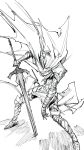  absurdres arm_at_side armor artorias_the_abysswalker belt cape dark_souls_(series) dark_souls_i dynamic_pose faceless full_armor gauntlets greatsword greyscale helm helmet highres holding holding_sword holding_weapon knight liba_(leo8d) lineart monochrome motion_lines pauldrons planted planted_sword plume shoulder_armor speed_lines standing sword torn_cape torn_clothes weapon white_background 