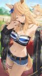  1girl animal_ears armpits bandeau bare_shoulders belt black_belt black_choker black_jacket blonde_hair blue_bow blue_eyes blue_shorts blush bow breasts chain choker cleavage collarbone cutoffs denim denim_shorts ear_bow gold_chain gold_city_(authentic/1928)_(umamusume) gold_city_(umamusume) highres horse_ears horse_girl horse_racing_track horse_tail jacket large_breasts long_hair long_sleeves looking_at_viewer midriff multicolored_nails navel ningen_gokko one_eye_closed open_clothes open_jacket outdoors parted_lips shorts steaming_body strapless striped_bandeau sweat tail thigh_strap tube_top umamusume very_sweaty 