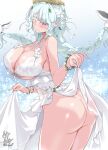  1girl alternate_costume ass bird bird_nest blush braid breasts cleavage clothes_lift colored_eyelashes dress dress_lift english_commentary goddess_of_victory:_nikke green_hair hair_lift highres huge_ass huge_breasts lifting_own_clothes long_hair looking_at_viewer looking_back mole mole_under_mouth nest nest_on_head no_panties nyan_(themare) official_alternate_costume one_eye_closed purple_eyes smile solo thick_thighs thighs trina_(natural_white)_(nikke) trina_(nikke) twin_braids very_long_hair white_dress 