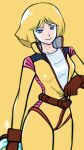  1970s_(style) 1980s_(style) 1girl aobito_sukoyaka_bystander belt blonde_hair blue_eyes bodysuit breasts brown_belt brown_gloves collarbone commentary_request earth_federation faux_retro_artstyle fluffy_hair gloves gundam high-waist_belt highres looking_at_viewer mecha_pilot_suit medium_hair mobile_suit_gundam narrowed_eyes naughty_face normal_suit_(gundam) open_collar partially_unzipped retro_artstyle sayla_mass science_fiction shirt signature simple_background small_breasts smile smirk solo t-shirt unzipping white_shirt yellow_background yellow_bodysuit 