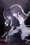  2girls arm_belt asymmetrical_gloves bandaged_arm bandages bare_shoulders black_background black_choker black_coat black_dress black_gloves black_hair black_pantyhose black_ribbon black_shoes checkered_clothes checkered_dress choker coat collared_dress dress gloves grey_eyes gun highres holding holding_gun holding_weapon kneeling ksjsa kurobe_nanoka leg_belt long_hair mahou_shoujo_no_majo_saiban multiple_girls neck_ribbon pantyhose ponytail revolver ribbon shoes sundress twintails weapon white_dress 