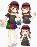  >_< 1girl :3 bare_shoulders barefoot black_shirt blue_skirt blush chain choker closed_eyes clothes_writing collarbone comedic_sweatdrop commentary_request cropped_torso earth_(ornament) full_body green_skirt hands_on_own_face heart hecatia_lapislazuli highres long_hair looking_at_viewer moon_(ornament) multicolored_skirt multiple_views open_mouth red_eyes red_hair red_skirt shadow shirt short_sleeves skirt smile touhou underworld_(ornament) white_background yamadainari zun_(style) 
