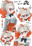  1girl apron black_bow black_bowtie blue_eyes bow bowtie color_guide commentary_request cup disposable_coffee_cup disposable_cup food glasses grin griselle_(pokemon) hair_between_eyes hand_up highres holding holding_plate jacket multicolored_hair multiple_views orange_apron plate pokemon pokemon_legends:_z-a ryokukoucha smile teeth waist_apron white_background 