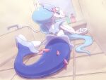  1girl bathing bathroom bathtub blue_eyes blue_hair closed_mouth colored_skin commentary_request furry furry_female hair_down hair_ornament indoors kajinchu long_hair looking_at_viewer looking_back no_humans pink_nose pokemon pokemon_(creature) pokemon_focus primarina solo star_(symbol) star_hair_ornament white_skin 