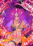 1girl adapted_costume alternate_eye_color armlet bikini bikini_top_only blush breasts circlet cleavage commentary_request cowboy_shot daifuku1092 dark-skinned_female dark_skin dragon_quest dragon_quest_iv fingernails fishnet_thighhighs fishnets forehead_jewel gem green_eyes green_gem highres jewelry large_breasts lipstick long_fingernails long_hair looking_at_viewer makeup manya_(dq4) nail_polish navel neck_ring orange_loincloth outstretched_arm pelvic_curtain purple_hair purple_nails silver_circlet smile sparkle swimsuit thighhighs 