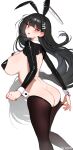  1girl 9nojo absurdres animal_ears ass black_hair black_pantyhose black_shrug blue_archive breasts english_commentary fake_animal_ears halo highres large_breasts long_hair multicolored_halo paid_reward_available pantyhose pasties rabbit_ears red_eyes reverse_bunnysuit reverse_outfit rio_(blue_archive) shrug_(clothing) simple_background solo two-tone_halo very_long_hair white_background 