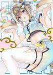  1girl animal_ears aqua_eyes aqua_shirt aqua_skirt bamboo_steamer blue_eyes cheval_grand_(umamusume) chinese_clothes commentary cropped_shirt food gym_uniform hair_ornament highres holding holding_plate holding_tray horse_ears horse_girl horse_tail longevity_peach_bun looking_at_viewer maid maid_headdress marker_(medium) midriff navel panda_hair_ornament pankou plate qi_maid shin_kun30 shirt short_hair short_sleeves skirt solo steamed_bun tail thighhighs traditional_media tray twitter_username umamusume watermark white_shirt white_thighhighs xiangyun 