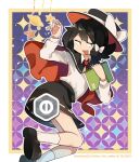  1boy ankle_socks aranako_hernandez arutea25 asymmetrical_sidelocks black_cape black_hair black_hat black_shoes black_skirt book border bow cape censored collared_shirt commentary cosplay dated english_commentary full_body hair_bow hair_ribbon hat hat_bow highres holding holding_book long_sleeves looking_at_viewer medium_hair necktie open_mouth original patterned_background red_cape red_hat red_necktie ribbon ribbon-trimmed_skirt ribbon_trim saturn_(planet) shirt shirt_tucked_in shoes sidelocks skirt socks solo star_(symbol) touhou twitter_username two-sided_cape two-sided_fabric two-tone_hat usami_renko usami_renko_(cosplay) white_border white_bow white_shirt white_socks yellow_eyes 