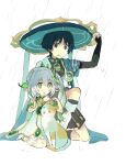  1boy 1girl anemo_symbol_(genshin_impact) anklet armlet armor asymmetrical_sidelocks black_bodysuit black_eyes black_hair black_shorts bloomers blue_cape blue_gem blue_hat blue_jingasa blue_kimono blue_sleeves blunt_ends bodysuit bracelet braid bridal_gauntlets bright_pupils calico_(pattern) calico_cat cape choppy_bangs commentary covered_collarbone cross-shaped_pupils detached_sleeves dress eyeliner full_body furisode gem genshin_impact gold gold_anklet gold_armlet gold_bracelet gold_trim green_eyes green_hair green_sleeves grey_bridal_gauntlets h1j1k1desu hair_ornament hakama hakama_shorts half_crown_braid hand_up hands_up hat height_difference highres japanese_armor japanese_clothes jewelry jingasa juban kimono kote kurokote leaf leaf_hair_ornament leg_warmers light_blush long_hair looking_at_animal looking_at_another makeup mandarin_collar multicolored_hair nahida_(genshin_impact) on_one_knee open_clothes open_hands open_kimono open_mouth outdoors pleated_shorts pointy_ears pom_pom_(clothes) rain red_eyeliner ringed_eyes scaramouche_(genshin_impact) short_dress short_sleeves shorts shoulder_peek side_cape side_ponytail sidelocks sitting socks stirrup_footwear streaked_hair symbol-shaped_pupils tareme untranslatable_commentary wanderer_(genshin_impact) wariza wet wet_hair white_background white_bloomers white_dress white_hair white_kimono white_leg_warmers white_pupils white_socks 