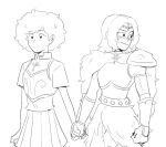  2girls amphibia anne_boonchuy armor breastplate byubiyubi cape commission cowboy_shot fur_cape fur_skirt holding_hands multiple_girls pleated_skirt sasha_waybright shoulder_armor sketch skirt white_background yuri 