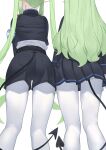  2girls absurdres armband ass back black_hat black_jacket black_shorts black_skirt blue_archive commentary cropped_jacket demon_tail gloves green_hair halo hat highres hikari_(blue_archive) jacket korean_commentary long_hair long_sleeves lower_body multiple_girls nozomi_(blue_archive) pantyhose pantyhose_under_shorts peaked_cap pointy_ears shorts sidelocks simple_background skirt tail thighs tomid white_background white_gloves white_pantyhose 